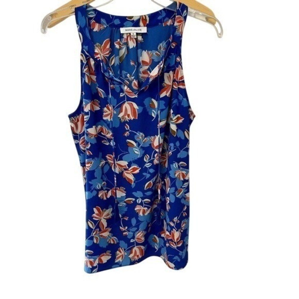 Rose + Olive Blue Floral Sleeveless Tassel Tie Neck Blouse Top Medium